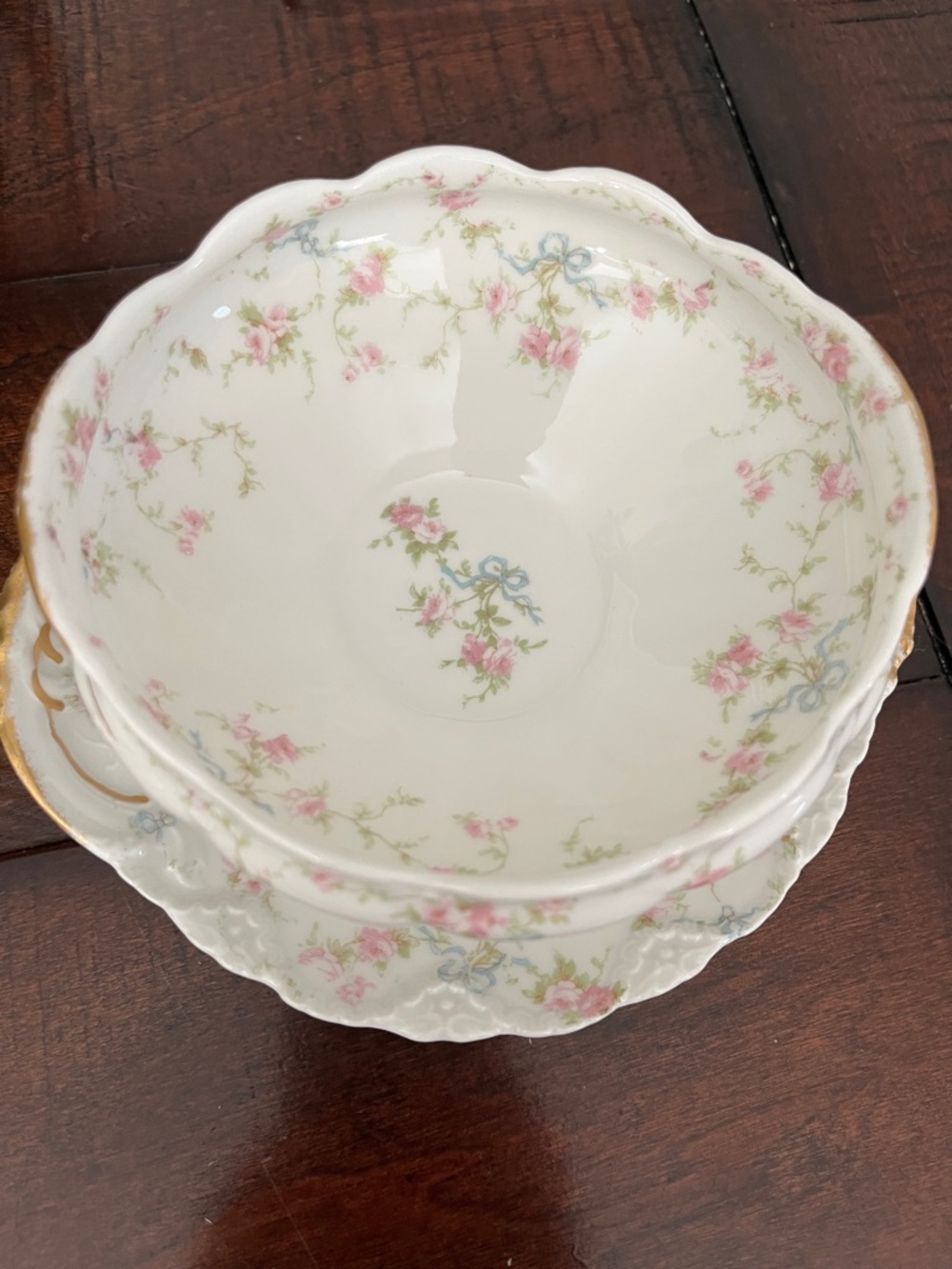 Limoges White Porcelain Serving Bowl with Pink Floral and Blue Ribbon Motif